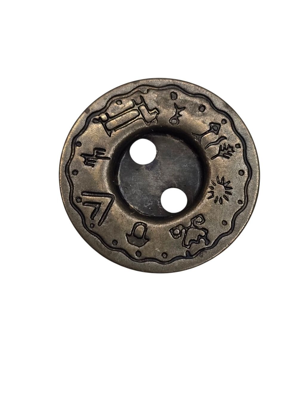 Vintage Bronze Pictograph Button Ornate Tribal Hieroglyphic Sew-Through Boho
